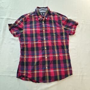 Tommy Hilfiger Plaid Men’s Medium Button Up Pink Top Short Sleeve